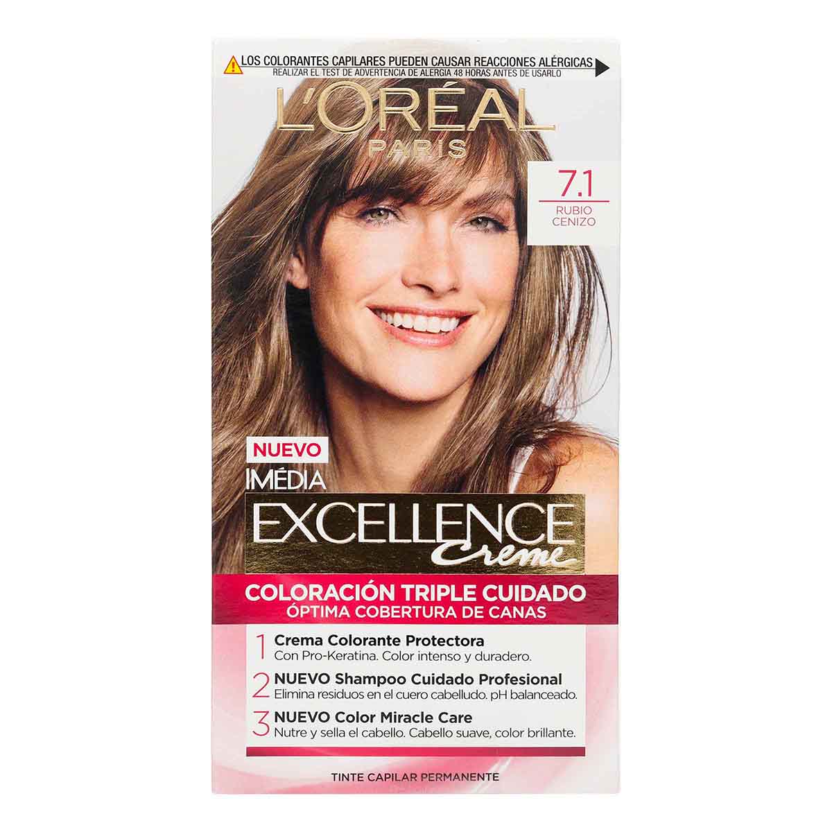 Tinte Capilar Permanente Loréal Paris Excellence Creme Tono 7.1 Rubio Cenizo Caja x 1 Kit