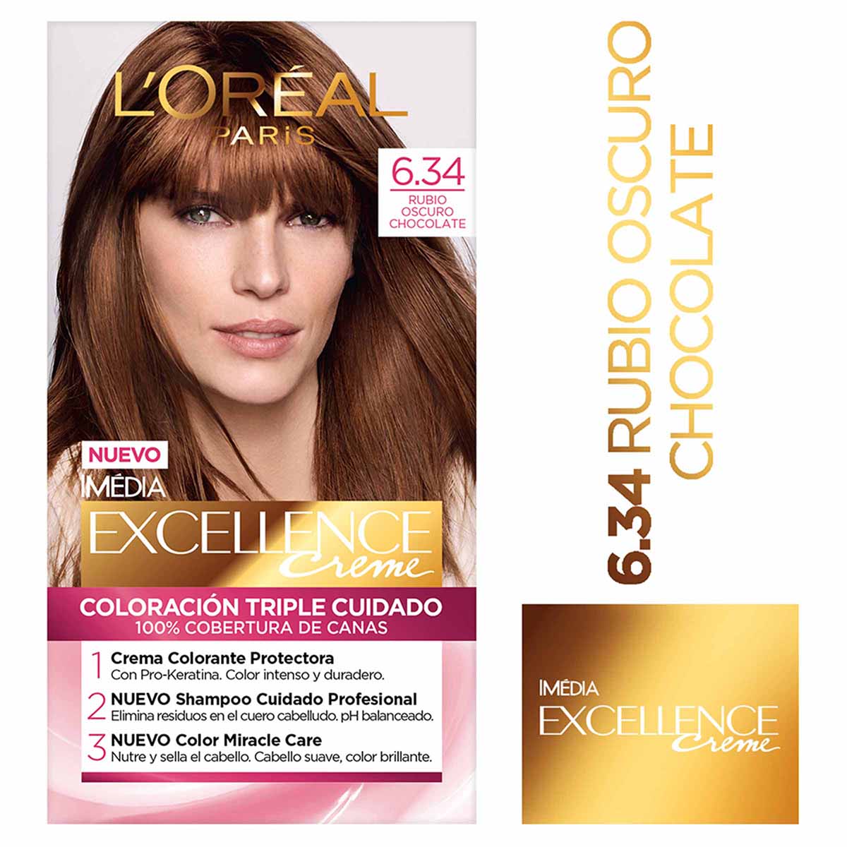 Tinte Capilar Permanente Loréal Paris Excellence Creme Tono 6.34 Rubio Oscuro Chocolate Caja x 1 Kit
