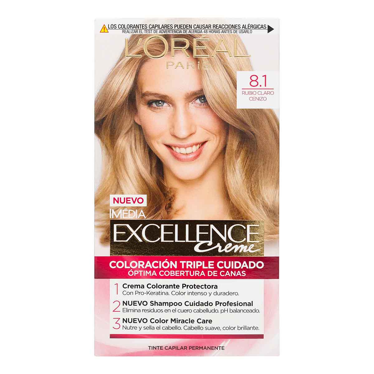 Tinte Capilar Permanente Loréal Paris Excellence Creme Tono 8.1 Rubio Claro Cenizo Caja x 1 Kit