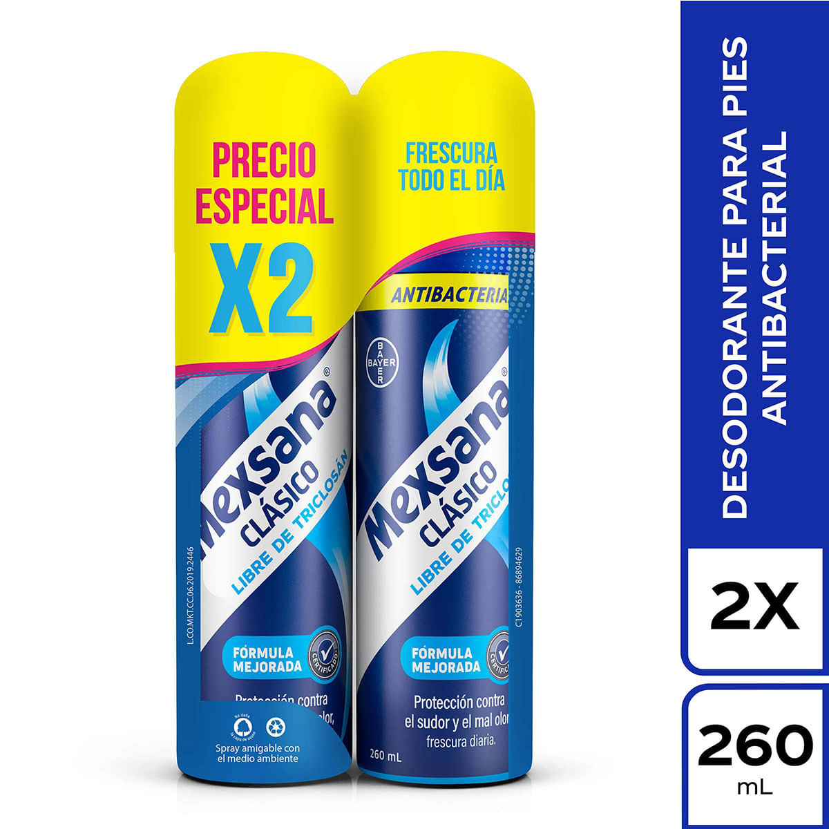 Antitranspirante para Pies Mexsana Clásico Bayer Spray x 260 mL x 2 Uds Precio Especial.