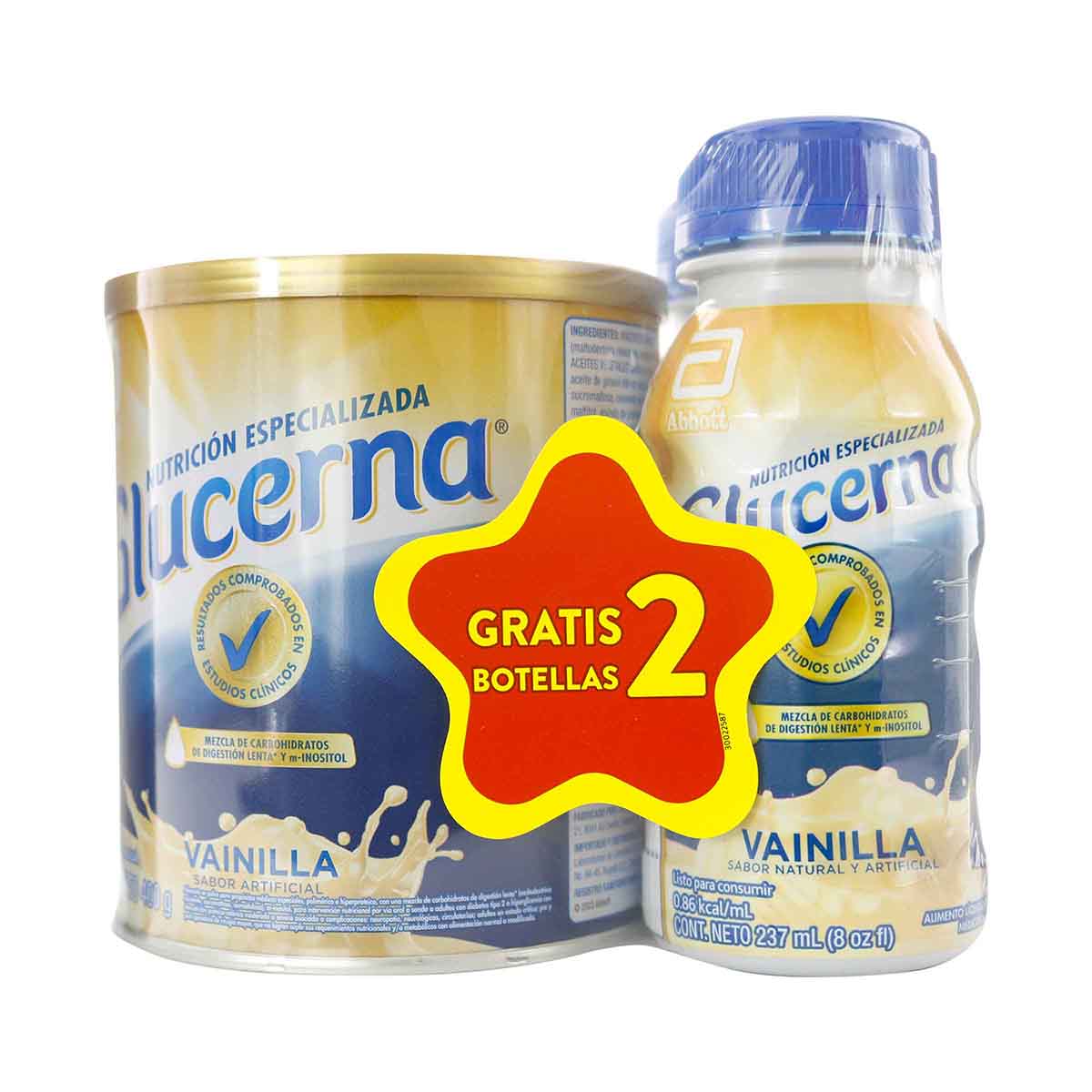 Alimento Abbott Glucerna Vainilla Polvo Tarro x 400 g + Alimento Abbott Glucerna Vainilla Líquido Botella x 237 mL x 2 Uds Gratis