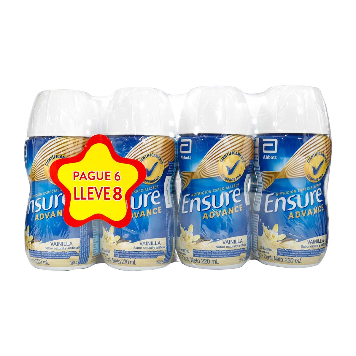 Alimento Abbott Ensure Advance Vainilla Líquido Botella x 220 mL x 8 Uds Paga 6 Lleva 8