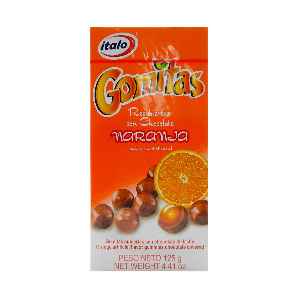 Gomitas Recubiertas con Chocolate Sabor Naranja Italo Caja x 125 g.