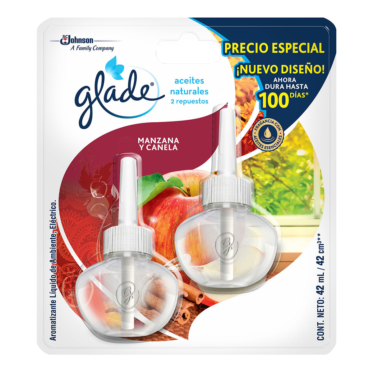 Aromatizante Glade Aceite Manzana Canela Repuesto X 42 Ml Blister X 2 Uds Empaque Económico.