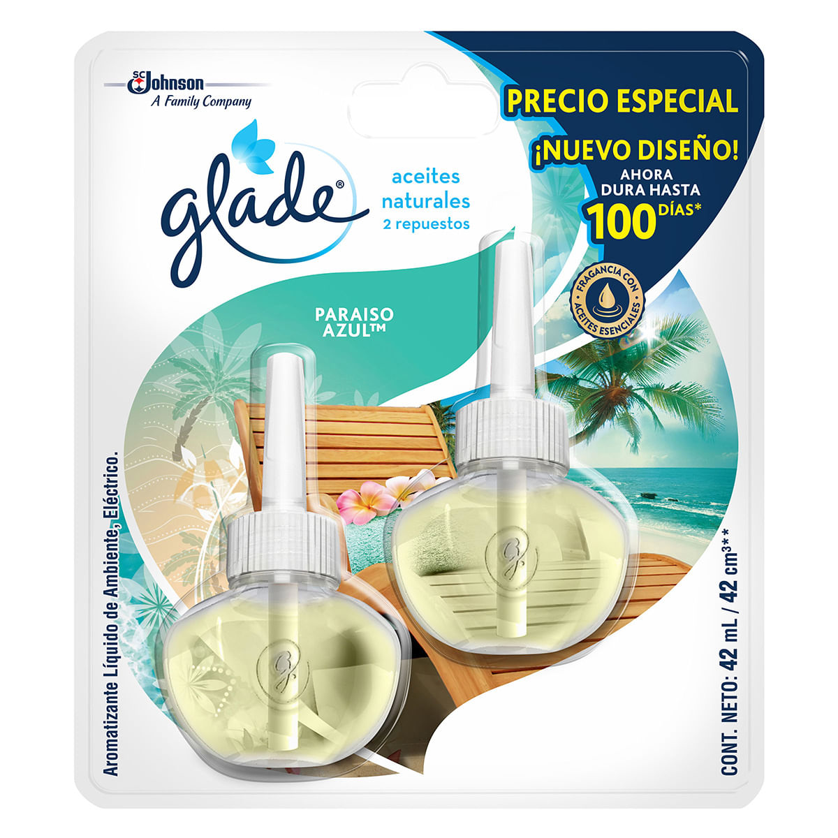 Aromatizante Glade Aceite Paraíso Azul Repuesto X 21 Ml Blister X 2 Uds Empaque Económico.