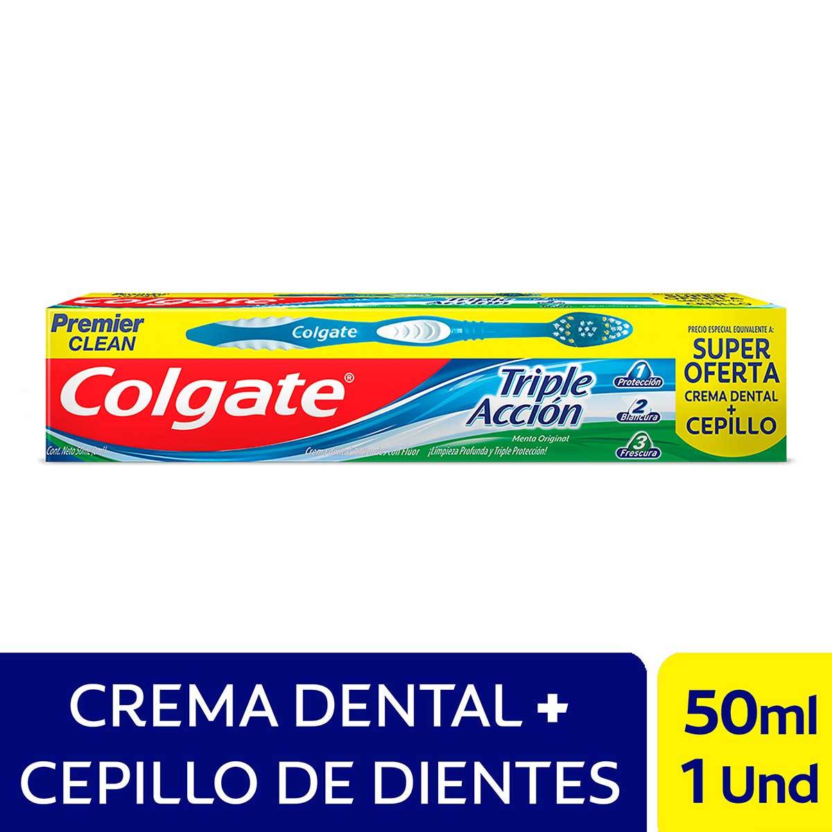 Crema Dental Colgate Triple Acción Menta Caja x 50 mL + Cepillo Dental Colgate Premier Clean x 1 Ud Súper Oferta