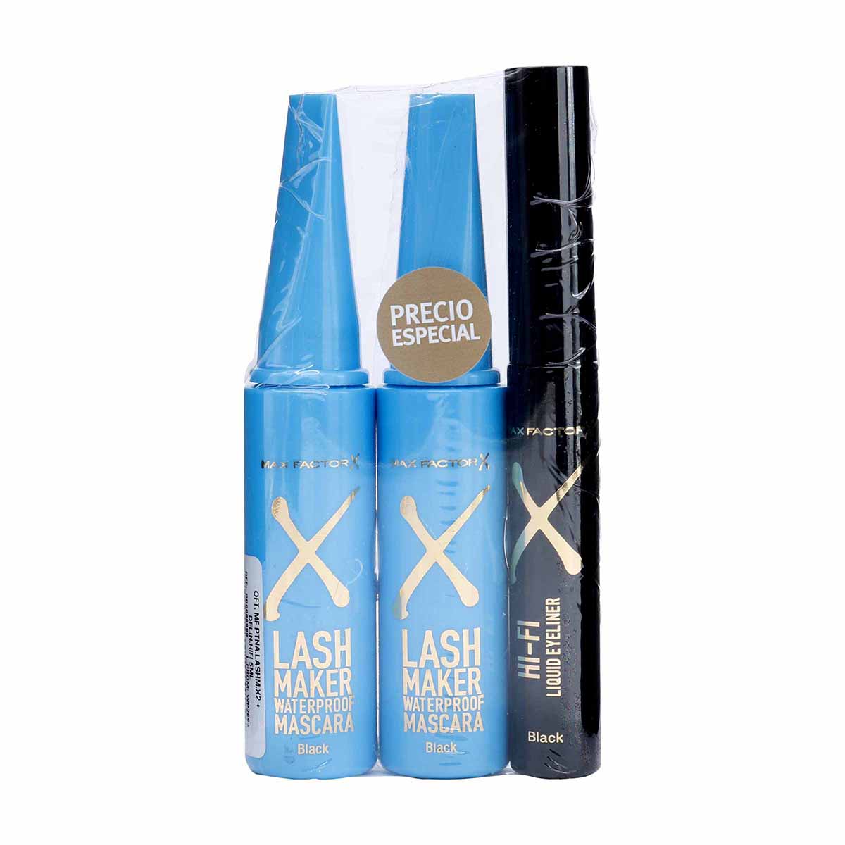 Pestañina Max Factor Lash Maker Black Waterproof x 15 mL x 2 Uds + Delineador Max Factor Hi Fi Black x 5 mL Precio Especial.