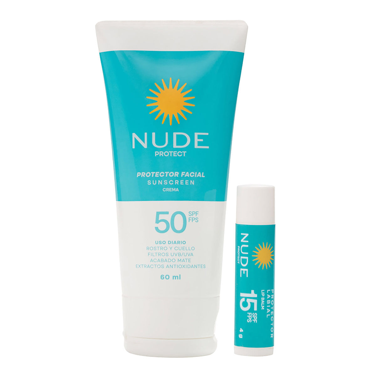 Protector Solar Nude Protect Facial Spf 50 En Crema Tubo X 60 Ml + Protector Labial Nude Protect Spf 15 Menta X Barra Súper Oferta.