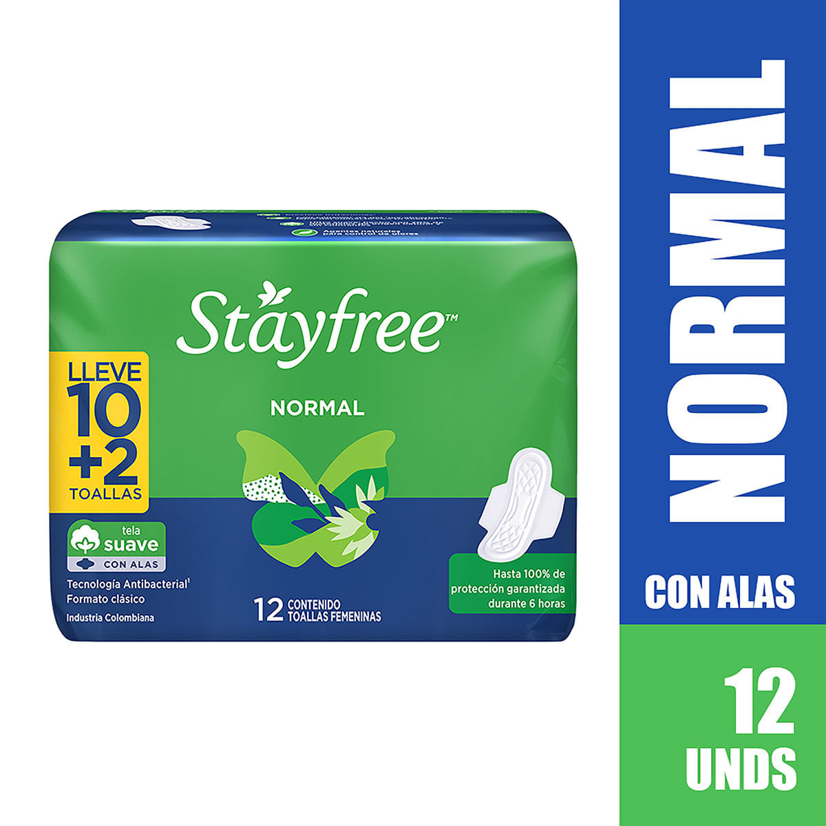 Toallas Femeninas Stayfree Normal con Alas Paquete x 12 Uds Lleve 10+2.