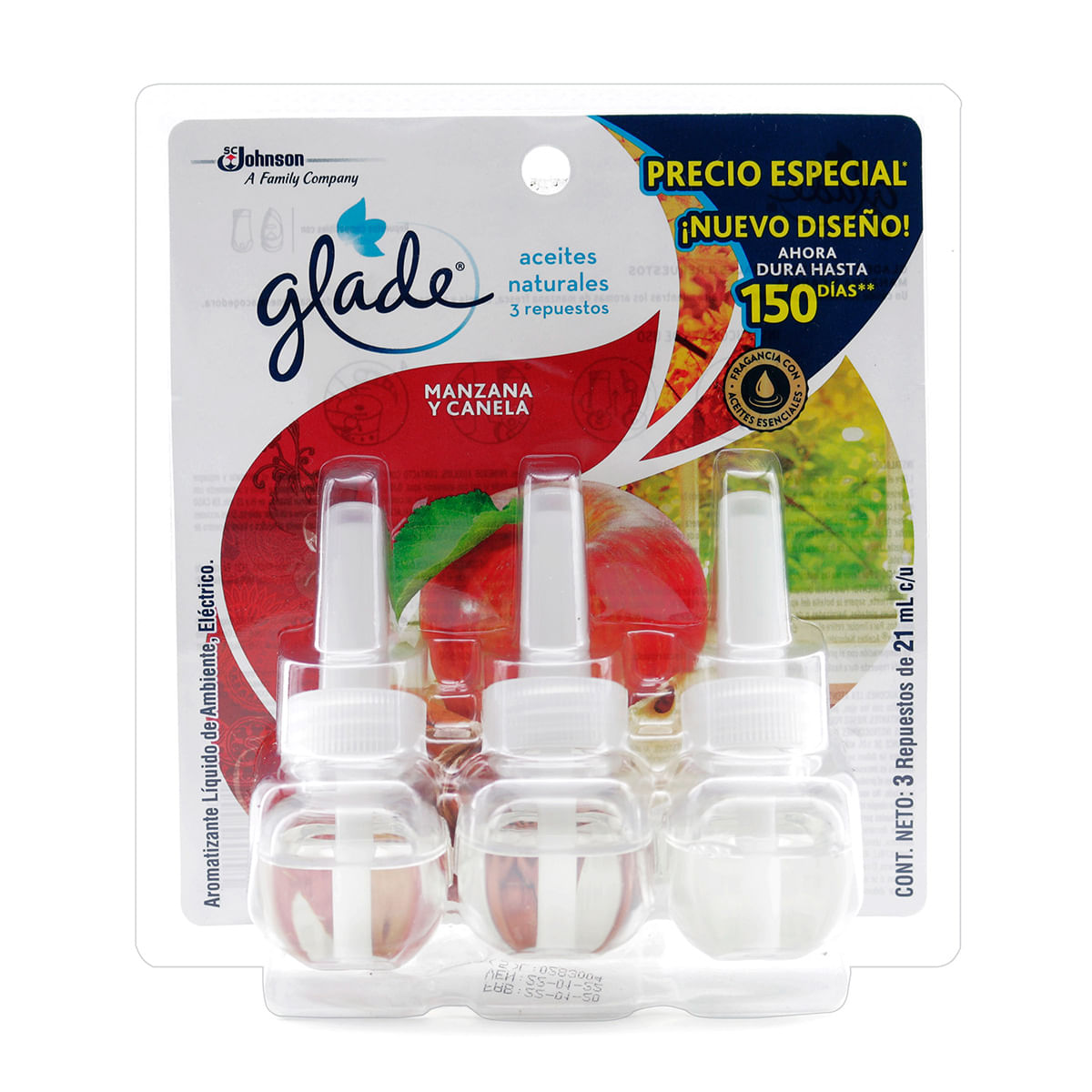 Aromatizante Glade Aceite Manzana y Canela Repuesto x 21 mL Blister x 3 Uds.