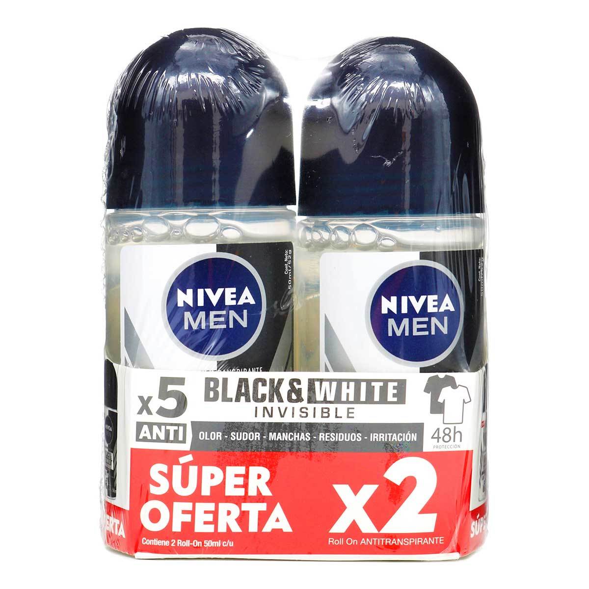 Antitranspirante Nivea Men Invisible Black & White Roll On x 50 mL x 2 Uds Súper Descuento.