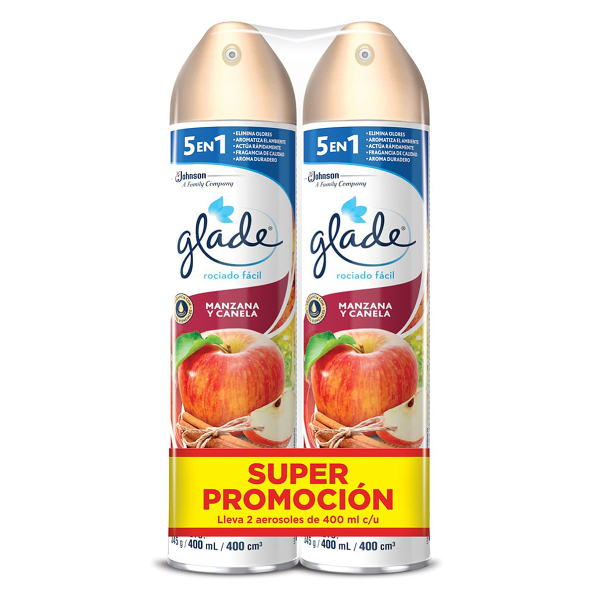Aromatizante Glade Manzana Y Canela 5 En 1 Aerosol X 400 Ml X 2 Uds Súper Promoción.