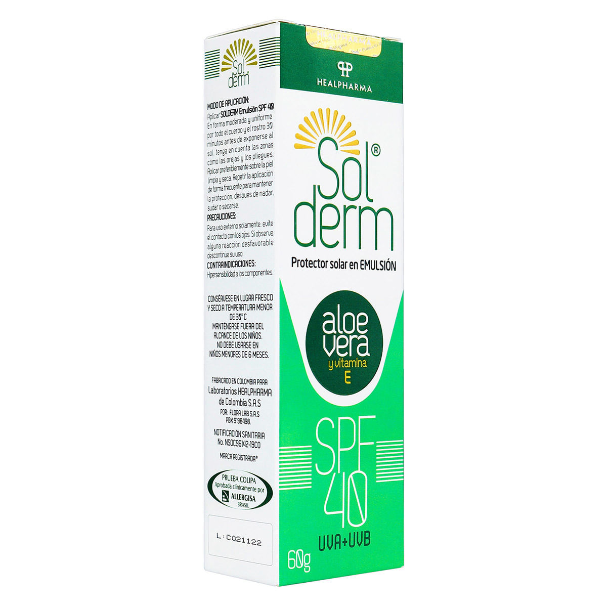 Protector Solar en Emulsión Solderm SPF 40 Aloe Vera y Vitamina E Tubo x 60 g.