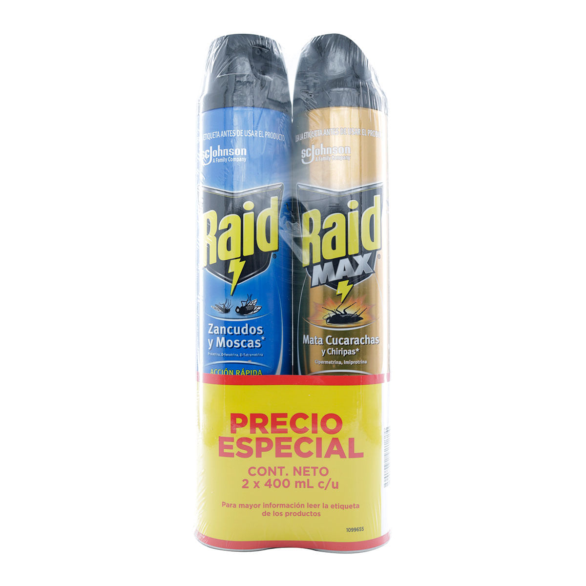 Insecticida Raid Zancudos Y Moscas Aerosol X 400 Ml + Insecticida Raid Max Cucarachas Aerosol X 400 Ml Precio Especial.