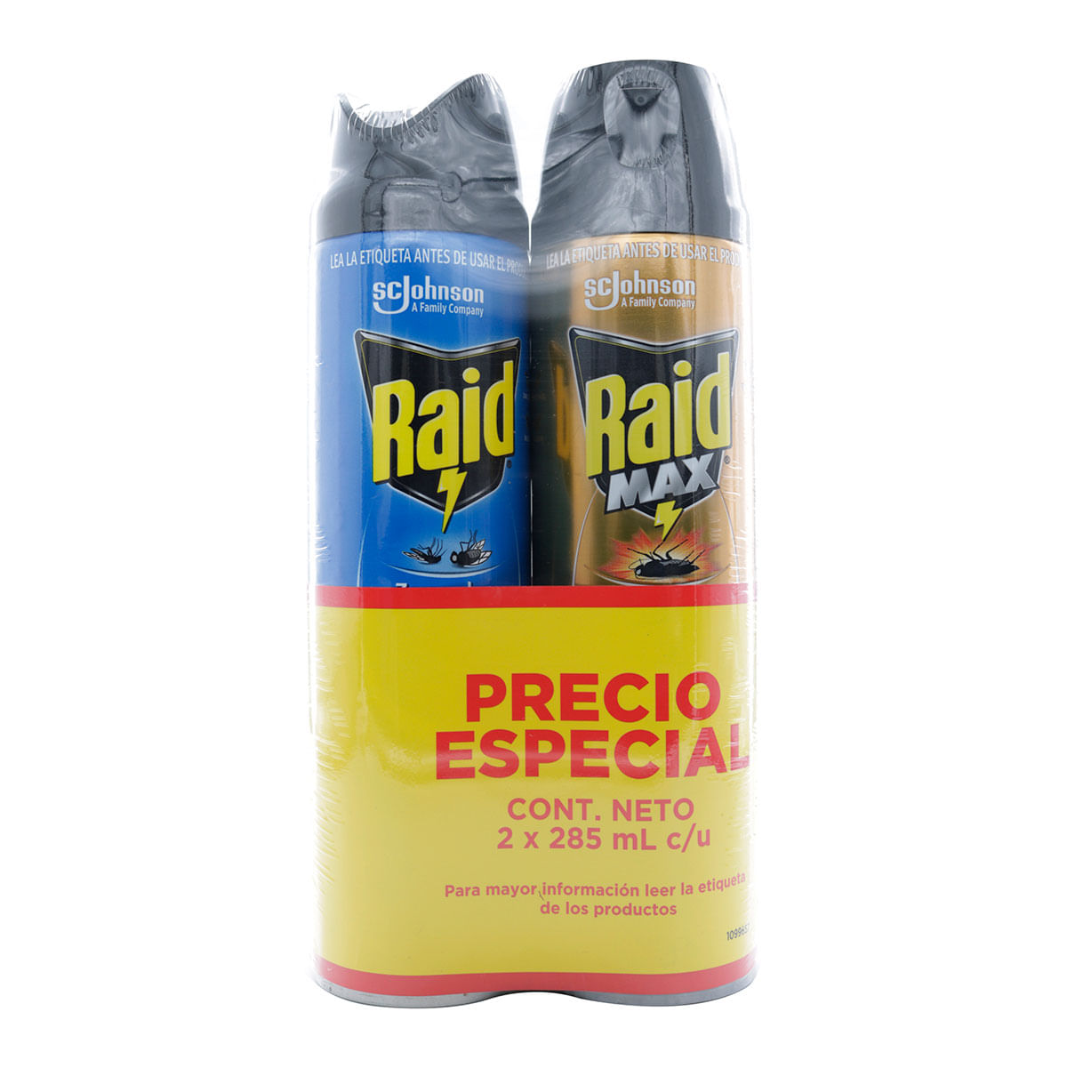 Insecticida Raid Zancudos Y Moscas Aerosol X 285 Ml + Insecticida Raid Max Cucarachas Aerosol X 285 Ml Precio Especial.