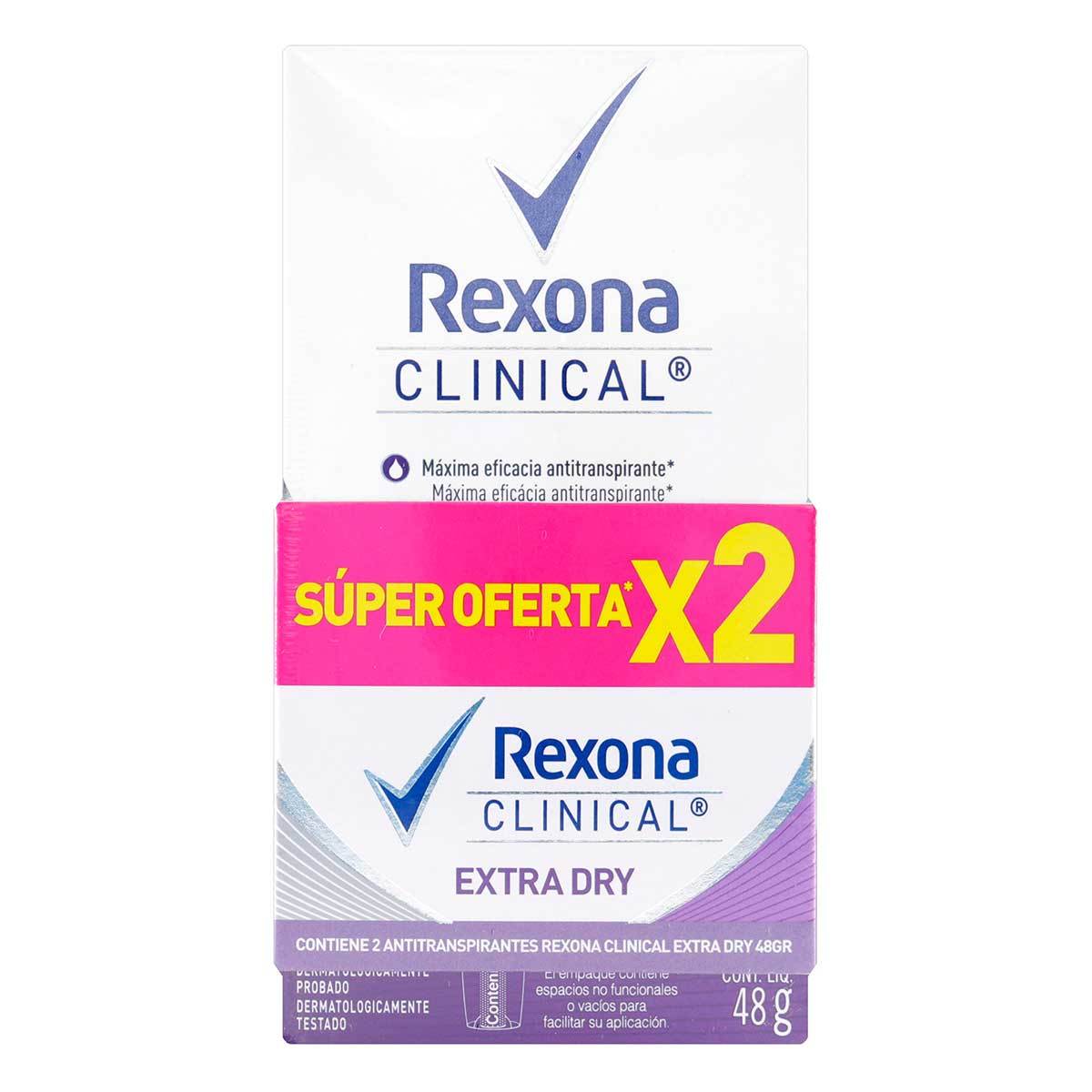 Antitranspirante Rexona Women Clinical Extra Dry Barra x 48 g x 2 Uds Súper Oferta.