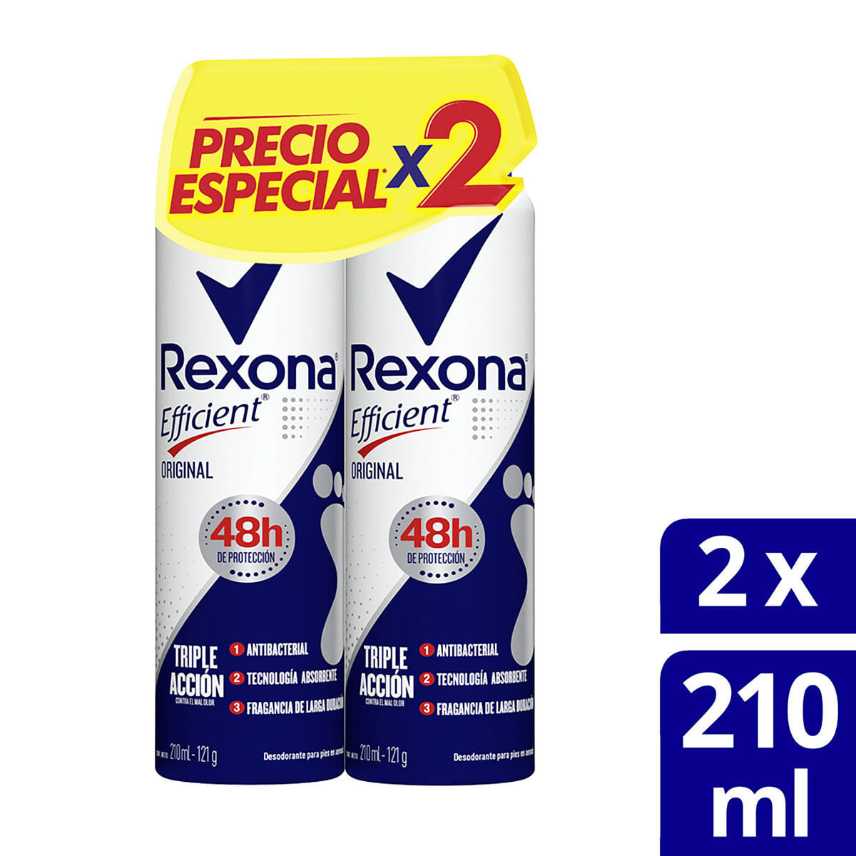 Desodorante para Pies Rexona Efficient Original Triple Acción Aerosol x 210 mL Empaque x 2 Uds Precio Especial.