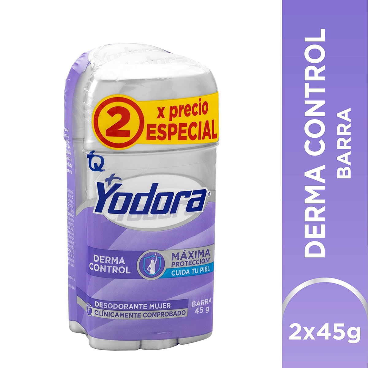 Desodorante Mujer Yodora Derma Control Máxima Protección Barra x 45 g Empaque x 2 Uds Precio Especial.