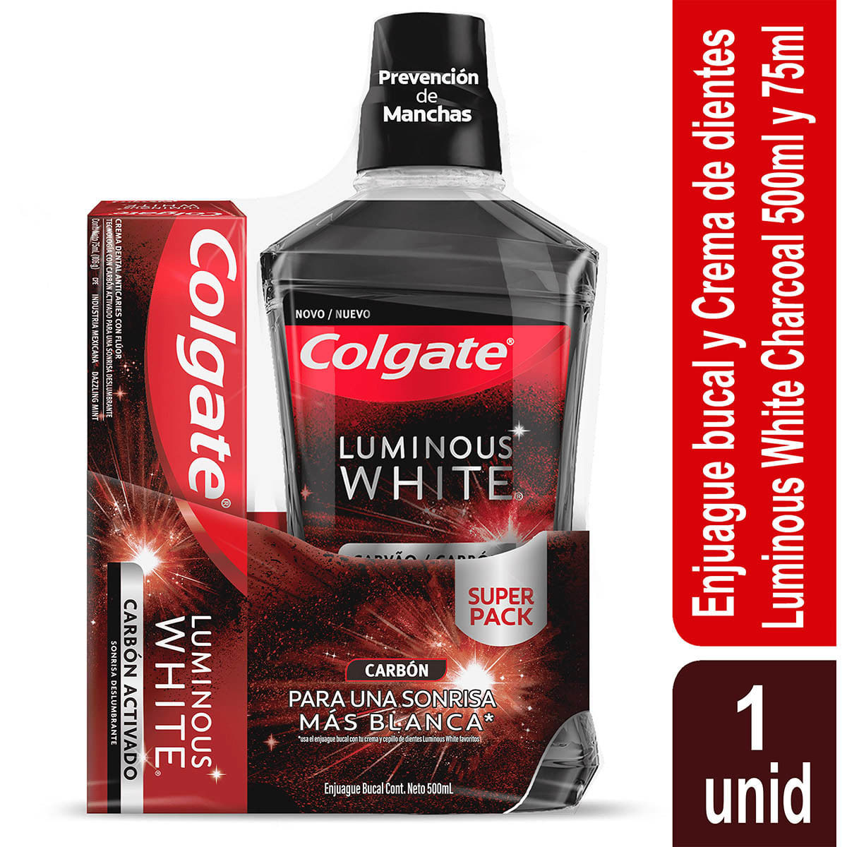 enjuague bucal colgate Luminous White carbon frasco x 500 mL + crema dental colgate luminous white carbon activado tubo x 75 mL