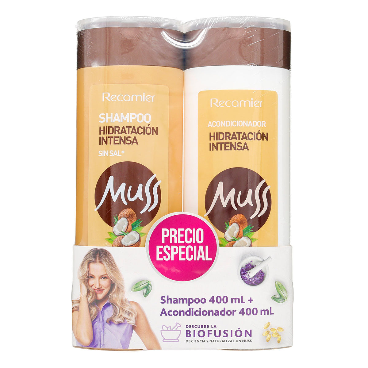 Shampoo Hidratacion Intensiva Muss x 400 mL + Acondicionador Hidratacion Intensiva Muss x 400 mL.