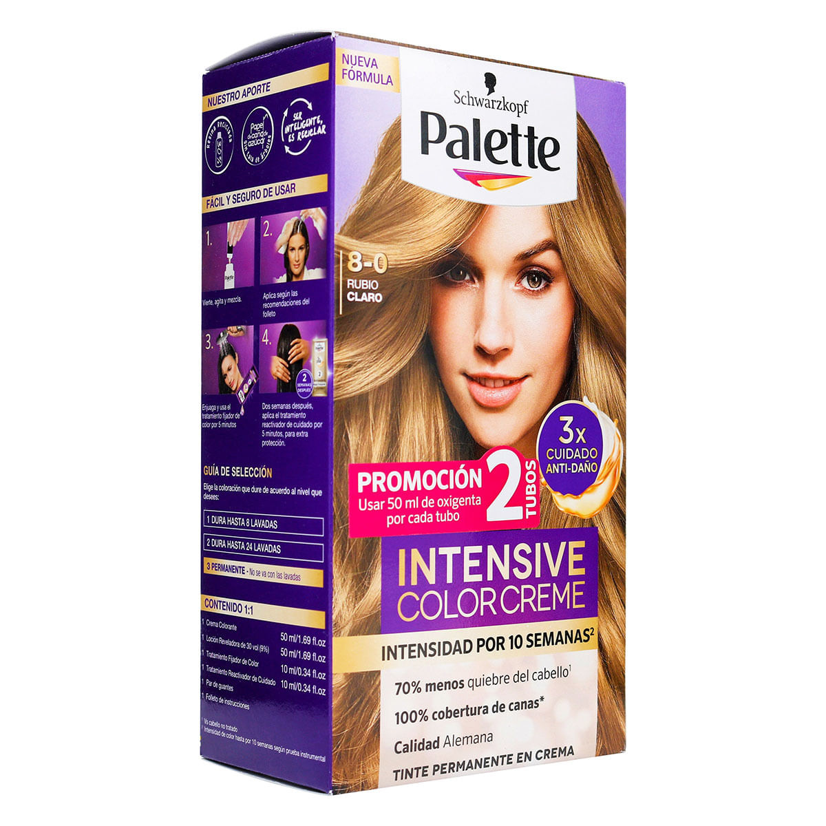 Tinte Permanente Schwarzkopf Palette Color Creme 8-0 Rubio Claro x Caja Promoción 2 Tubos.