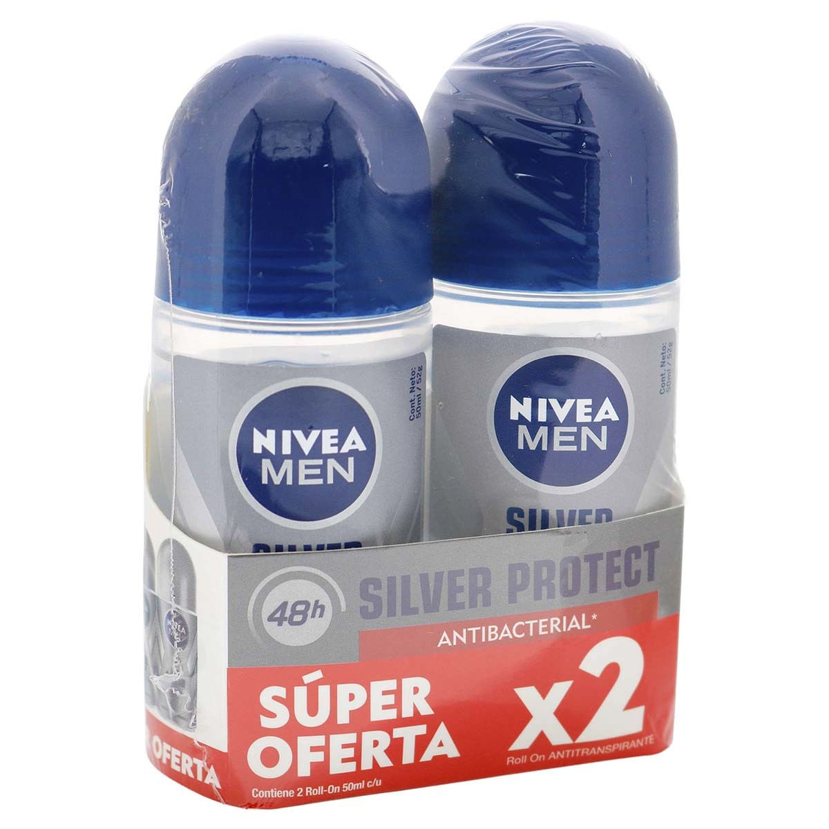 Antitranspirante Nivea Men Silver Protección Antibacterial Roll On x 50 mL x 2 Uds.