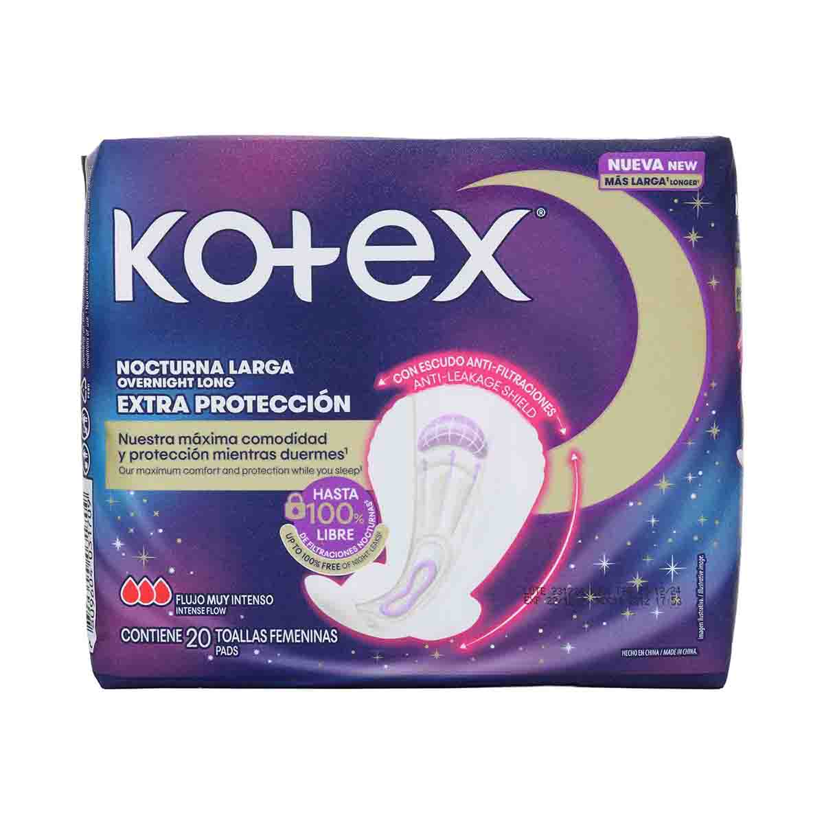 Toallas Higiénicas Extra Protección Nocturna Larga Kotex Paquete x 20 Unds