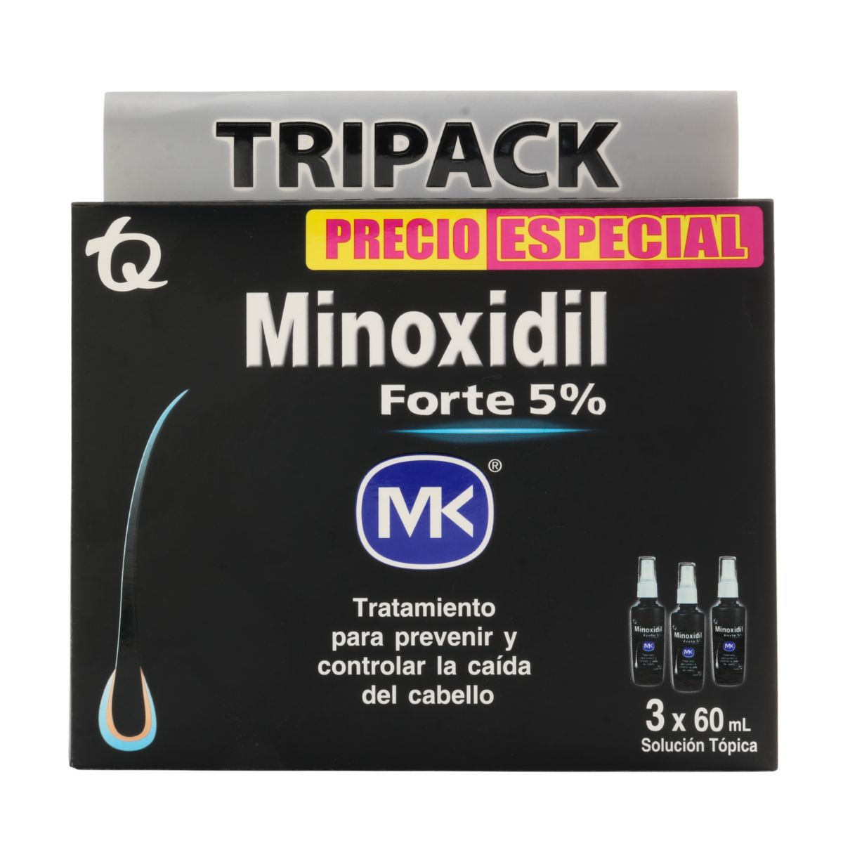 Tripack Minoxidil Forte 5% 60mL MK Caja x 3 Unidades