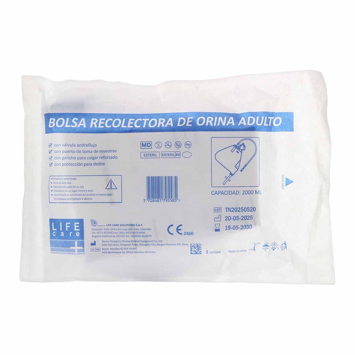 Bolsa Recolectora de Orina Cystoflo 2000mL Life Care Paquete x 1 Und