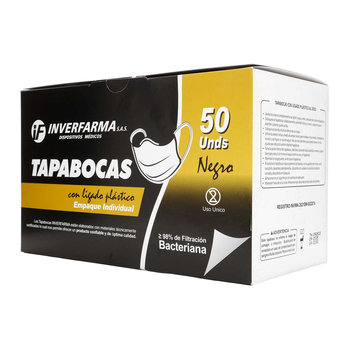 Tapabocas Desechables Negro Inverfarma Caja x 50 Unds