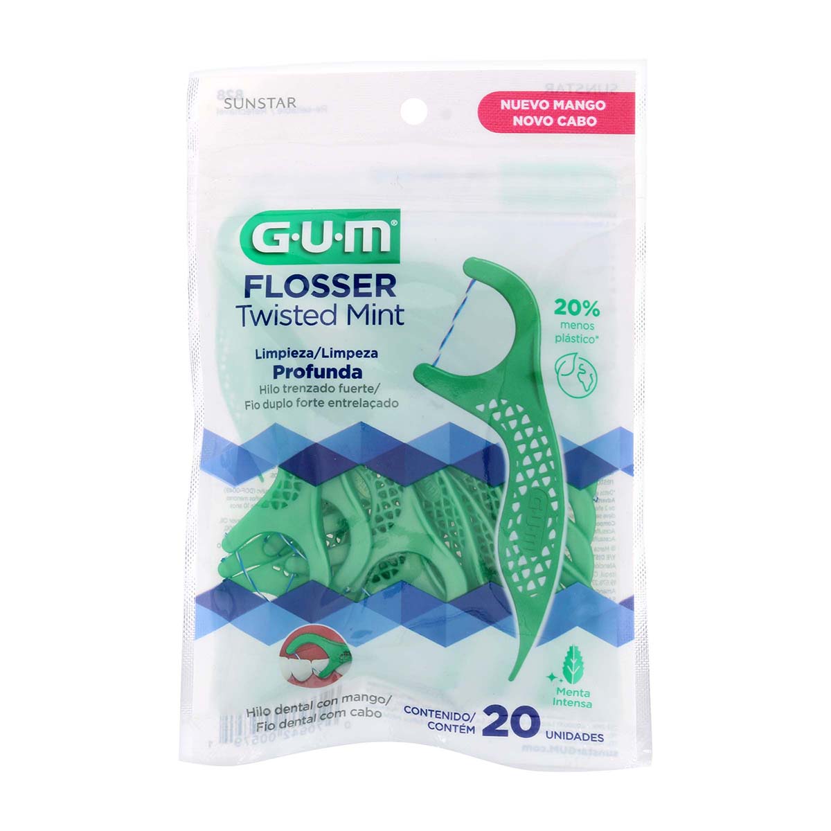 Hilo Dental con Mango Menta Flosser Twisted Mint GUM Paquete x 20 Unds