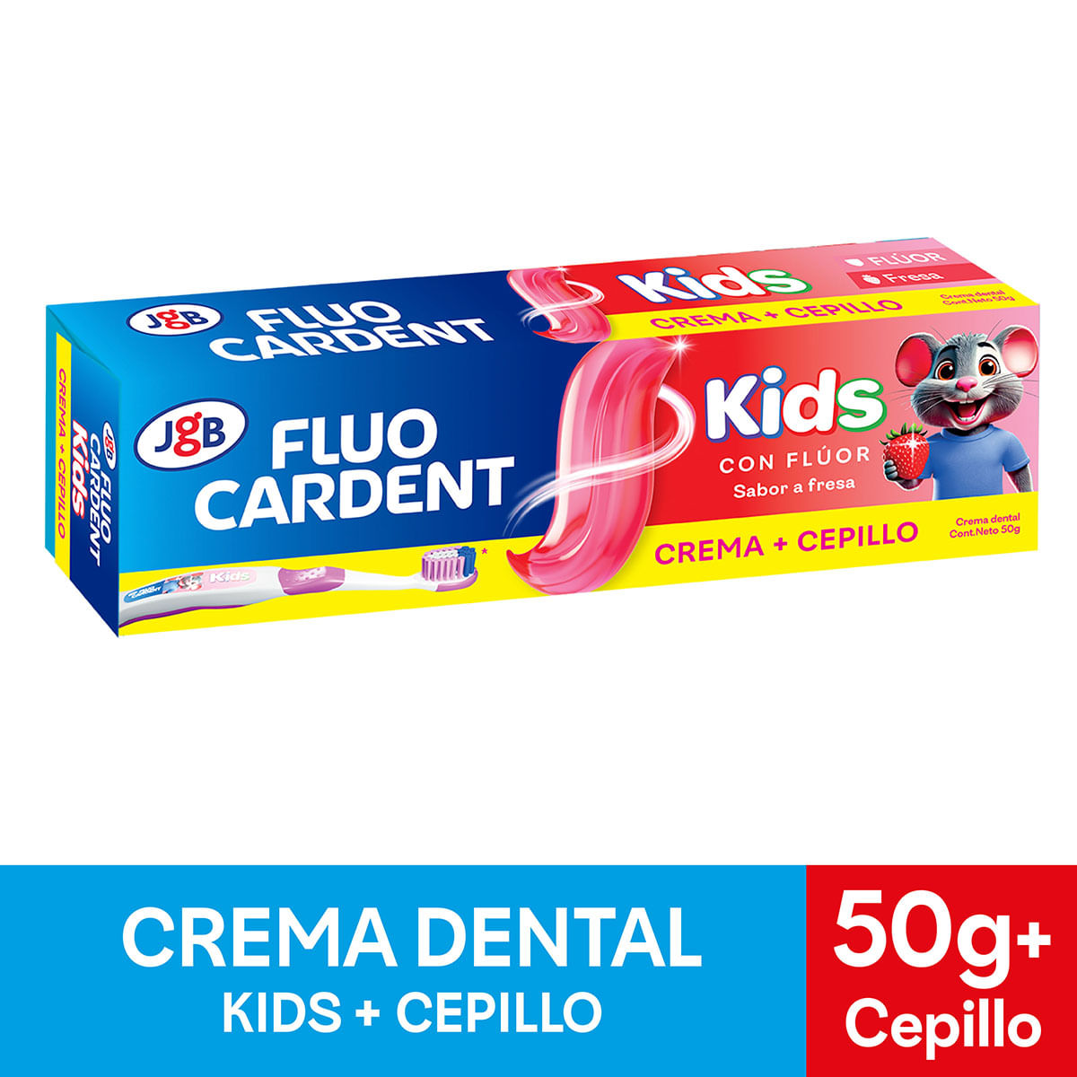 Crema Dental Fluo Cardent Kids Fresa Ratones Pérez Caja x 50 g + Cepillo Dental Fluo Cardent Kids x 1 Ud