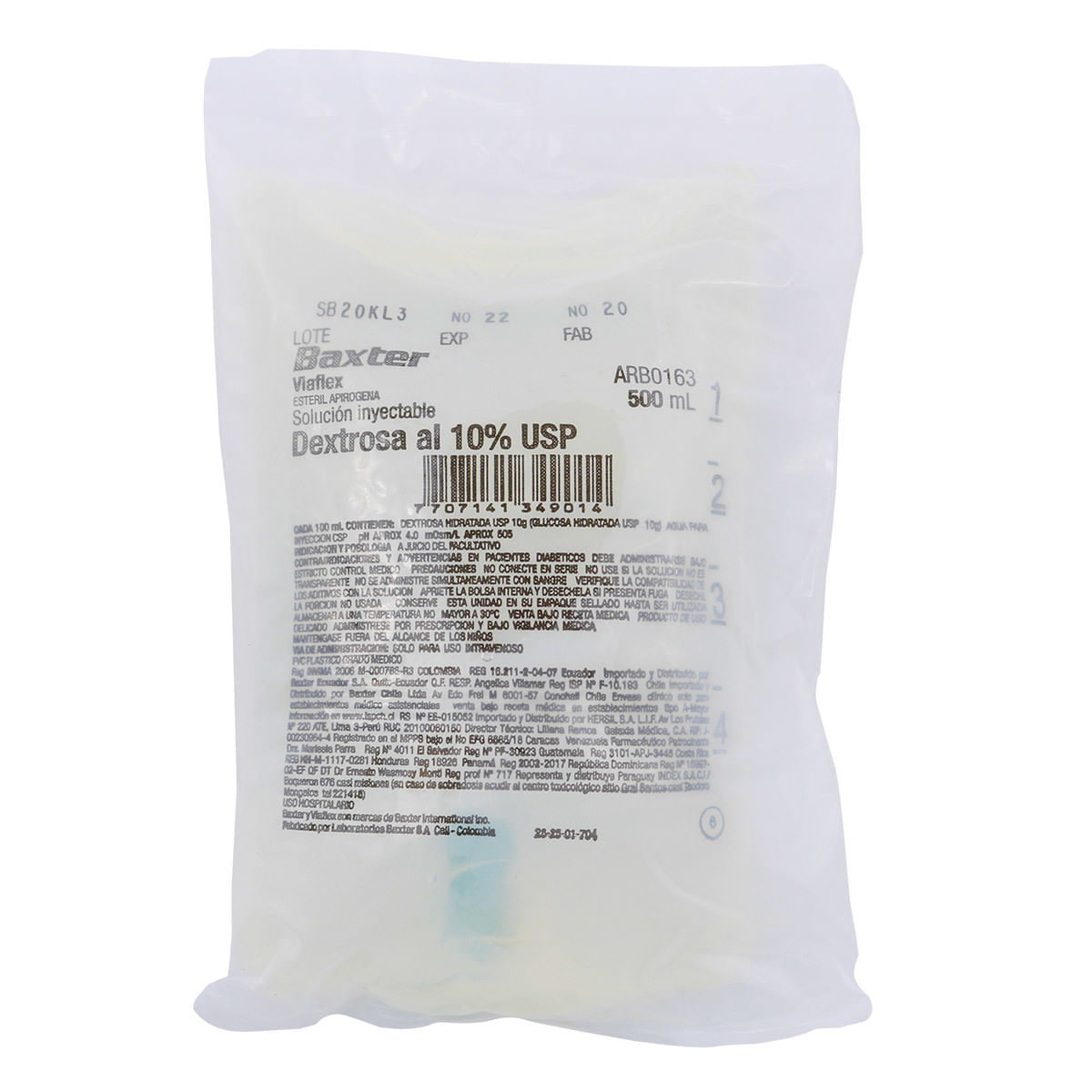 Solución Inyectable Baxter Dextrosa 10% Usp Viaflex Empaque X 500mL