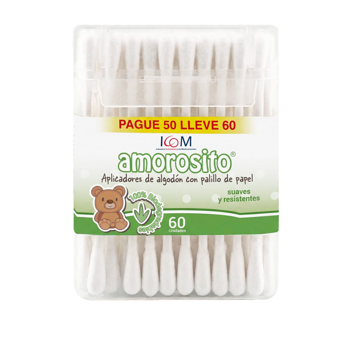 Aplicadores de Algodón Biodegradables Amorosito Frasco pague 50 lleve 60 uds