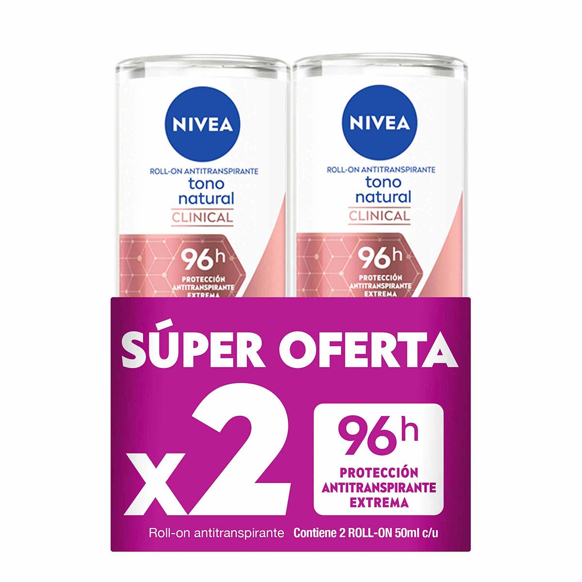 Oferta Desodorante Antitranspirante Tono Natural Clinical Nivea 50mL Roll-on x 2 Unds