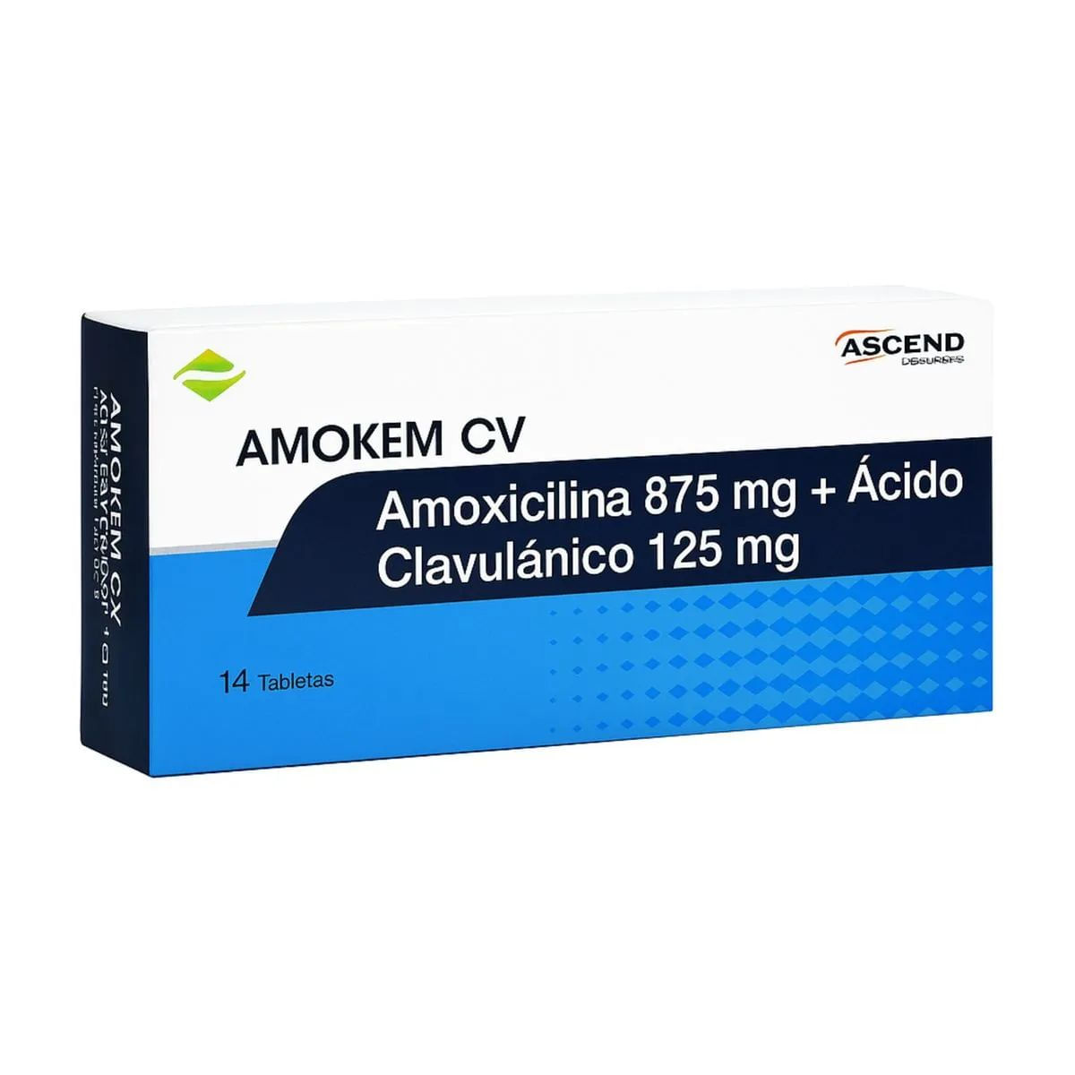 Amoken CV Amoxicilina 875mg + Ácido Clavulánico 125mg Ascend Caja x 14 Tabletas