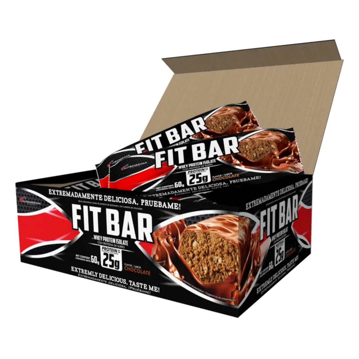 Fit Bar Chocolate con Whey Protein Isolate 25g Nutramerican Caja x 12 Unds