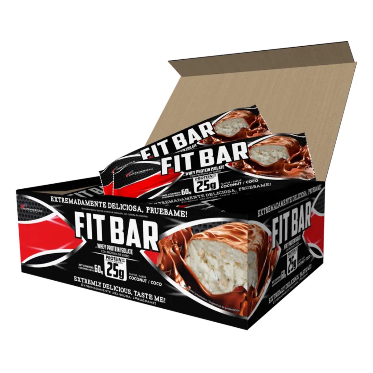 Fit Bar Coco con Whey Protein Isolate 25g Nutramerican Caja x 12 Unds